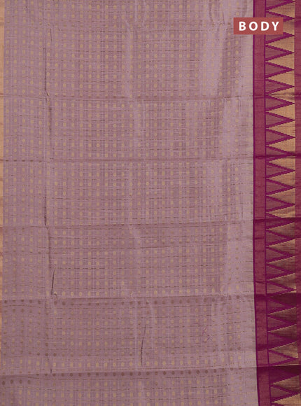 Semi dupion saree pastel pink and magenta pink with allover zari checks & buttas and long temple design zari woven border