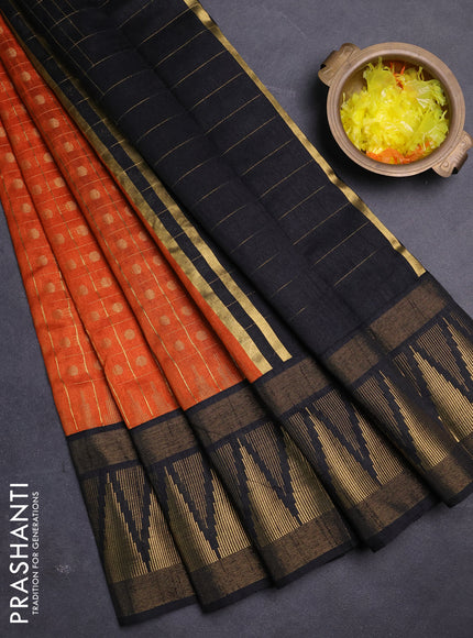 Semi dupion saree orange and black with allover zari checks & buttas and long temple design zari woven border
