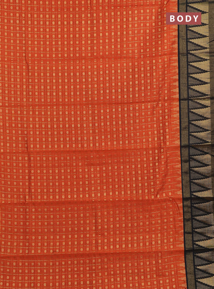 Semi dupion saree orange and black with allover zari checks & buttas and long temple design zari woven border