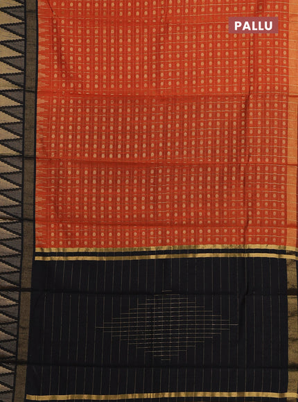 Semi dupion saree orange and black with allover zari checks & buttas and long temple design zari woven border