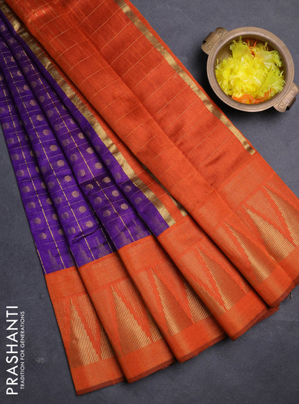 Semi dupion saree violet and orange with allover zari checks & buttas and long temple design zari woven border