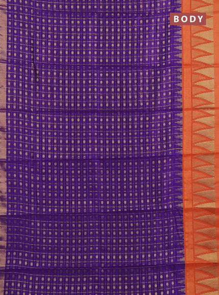 Semi dupion saree violet and orange with allover zari checks & buttas and long temple design zari woven border