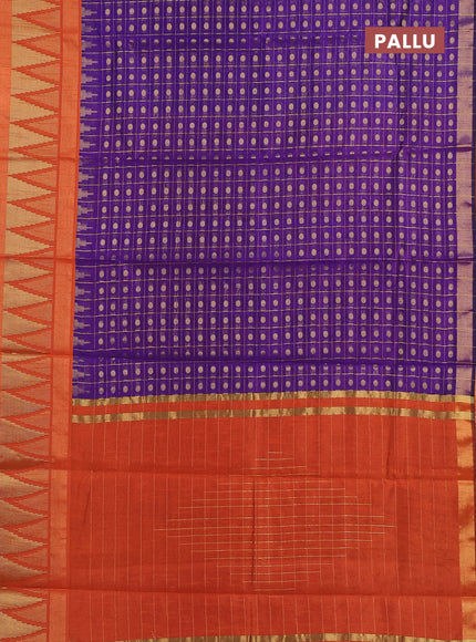 Semi dupion saree violet and orange with allover zari checks & buttas and long temple design zari woven border