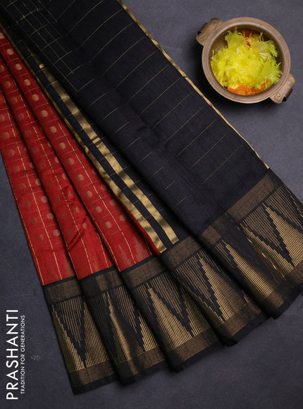 Semi dupion saree maroon and black with allover zari checks & buttas and long temple design zari woven border