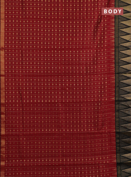 Semi dupion saree maroon and black with allover zari checks & buttas and long temple design zari woven border