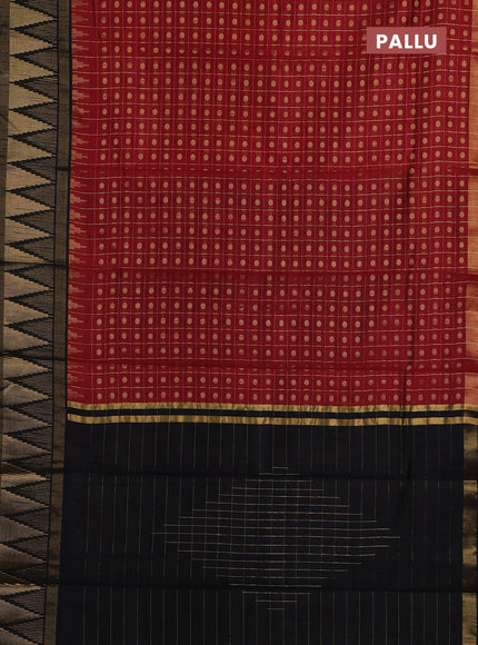 Semi dupion saree maroon and black with allover zari checks & buttas and long temple design zari woven border