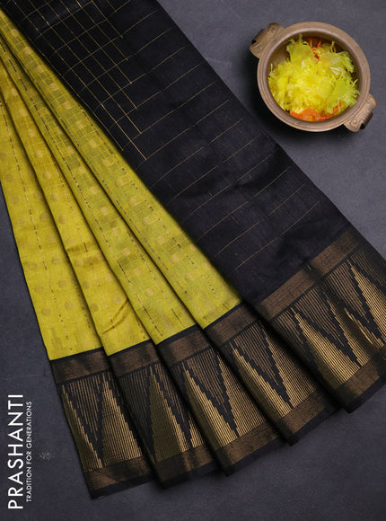 Semi dupion saree lime green and black with allover zari checks & buttas and long temple design zari woven border