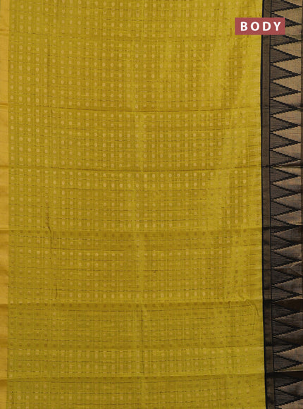 Semi dupion saree lime green and black with allover zari checks & buttas and long temple design zari woven border