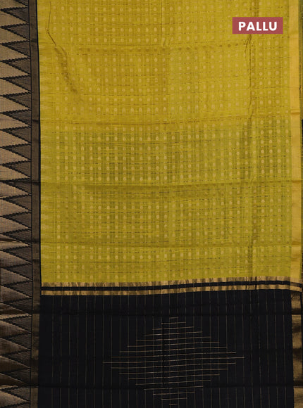 Semi dupion saree lime green and black with allover zari checks & buttas and long temple design zari woven border