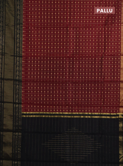 Semi dupion saree maroon and black with allover zari checks & buttas and long rettapet zari woven border