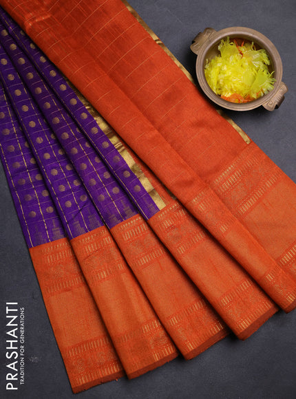 Semi dupion saree violet and rustic orange with allover zari checks & buttas and long rettapet zari woven border