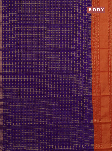 Semi dupion saree violet and rustic orange with allover zari checks & buttas and long rettapet zari woven border