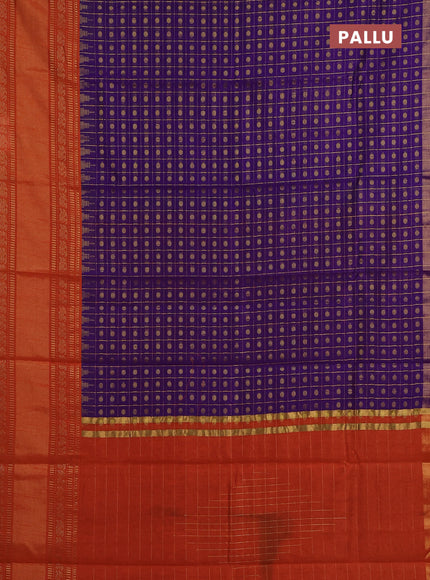 Semi dupion saree violet and rustic orange with allover zari checks & buttas and long rettapet zari woven border