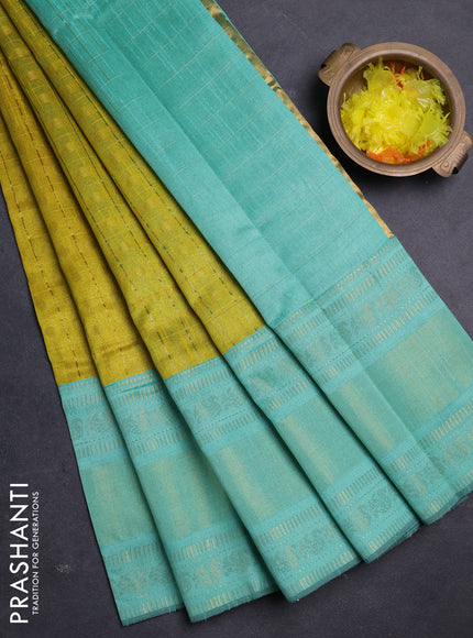 Semi dupion saree lime yellow and teal green with allover zari checks & buttas and long rettapet zari woven border