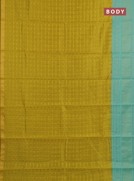 Semi dupion saree lime yellow and teal green with allover zari checks & buttas and long rettapet zari woven border