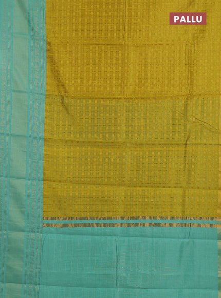 Semi dupion saree lime yellow and teal green with allover zari checks & buttas and long rettapet zari woven border