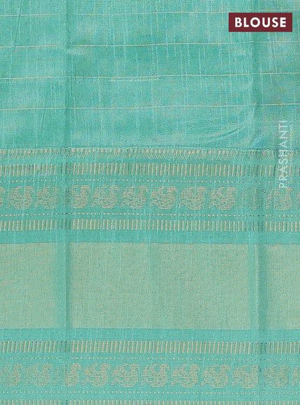 Semi dupion saree lime yellow and teal green with allover zari checks & buttas and long rettapet zari woven border