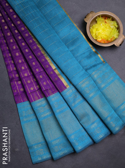 Semi dupion saree violet and teal blue with allover zari checks & buttas and long rettapet zari woven border