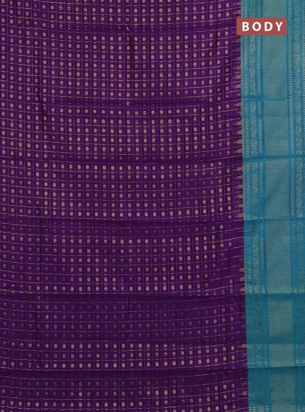 Semi dupion saree violet and teal blue with allover zari checks & buttas and long rettapet zari woven border