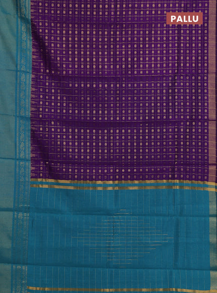 Semi dupion saree violet and teal blue with allover zari checks & buttas and long rettapet zari woven border