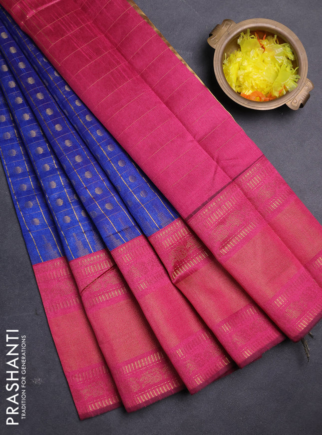 Semi dupion saree blue and pink with allover zari checks & buttas and long rettapet zari woven border