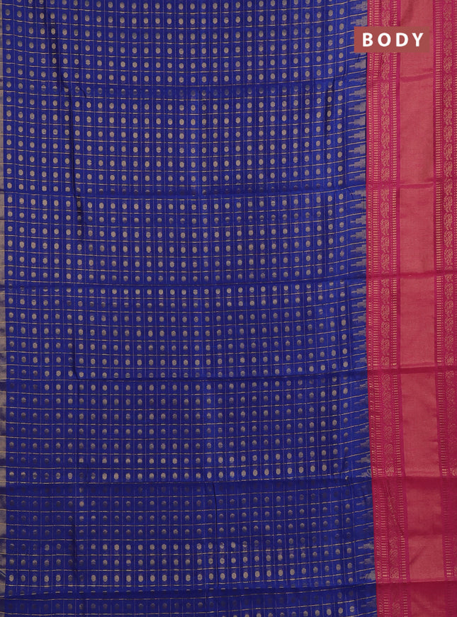 Semi dupion saree blue and pink with allover zari checks & buttas and long rettapet zari woven border