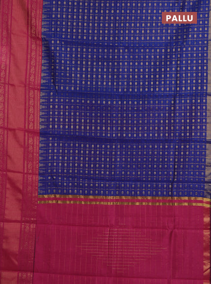 Semi dupion saree blue and pink with allover zari checks & buttas and long rettapet zari woven border