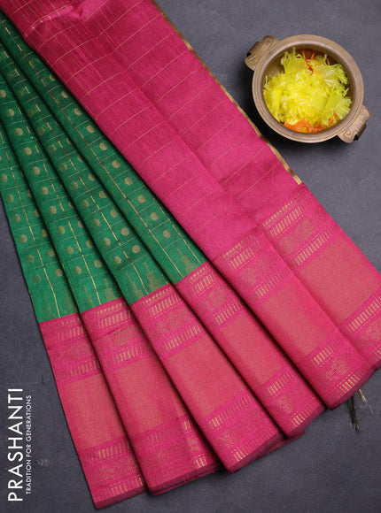 Semi dupion saree green and pink with allover zari checks & buttas and long rettapet zari woven border