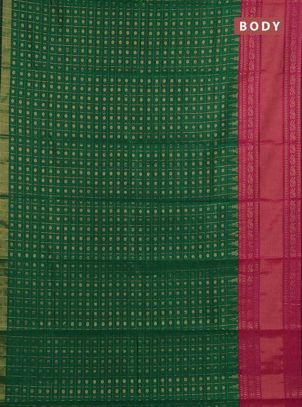 Semi dupion saree green and pink with allover zari checks & buttas and long rettapet zari woven border