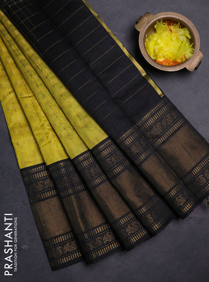 Semi dupion saree lime yellow and black with allover zari checks & buttas and long rettapet zari woven border