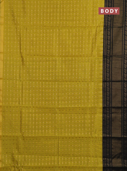 Semi dupion saree lime yellow and black with allover zari checks & buttas and long rettapet zari woven border
