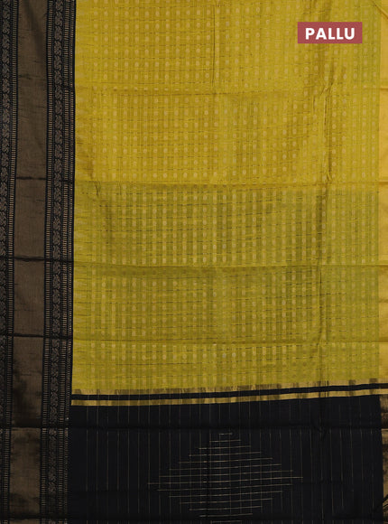Semi dupion saree lime yellow and black with allover zari checks & buttas and long rettapet zari woven border