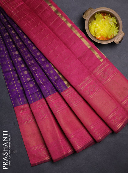 Semi dupion saree violet and pink with allover zari checks & buttas and long rettapet zari woven border