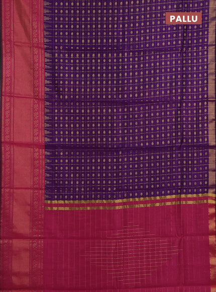 Semi dupion saree violet and pink with allover zari checks & buttas and long rettapet zari woven border