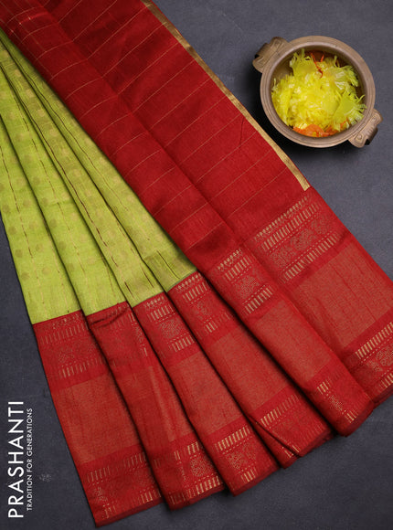 Semi dupion saree lime green and maroon with allover zari checks & buttas and long rettapet zari woven border