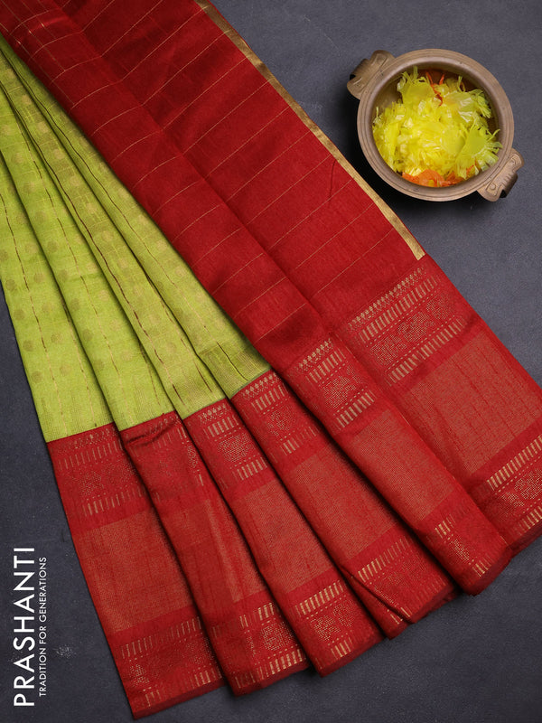 Semi dupion saree lime green and maroon with allover zari checks & buttas and long rettapet zari woven border