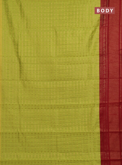 Semi dupion saree lime green and maroon with allover zari checks & buttas and long rettapet zari woven border