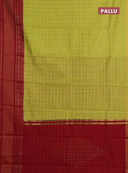 Semi dupion saree lime green and maroon with allover zari checks & buttas and long rettapet zari woven border