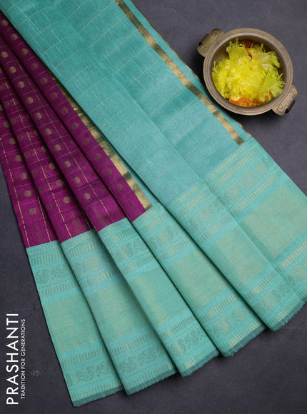 Semi dupion saree magenta pink and teal green with allover zari checks & buttas and long rettapet zari woven border