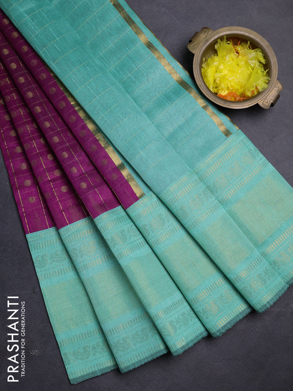 Semi dupion saree magenta pink and teal green with allover zari checks & buttas and long rettapet zari woven border