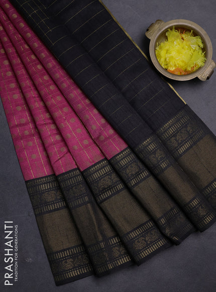 Semi dupion saree pink and black with allover zari checks & buttas and long rettapet zari woven border