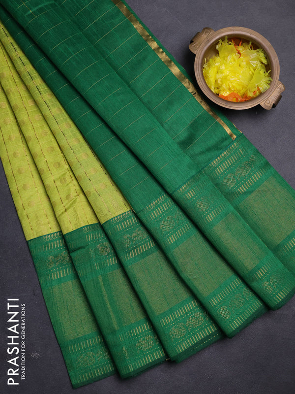 Semi dupion saree lime green and green with allover zari checks & buttas and long rettapet zari woven border