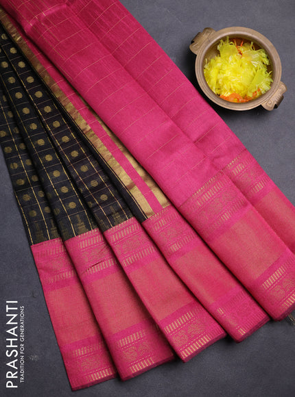 Semi dupion saree black and pink with allover zari checks & buttas and long rettapet zari woven border