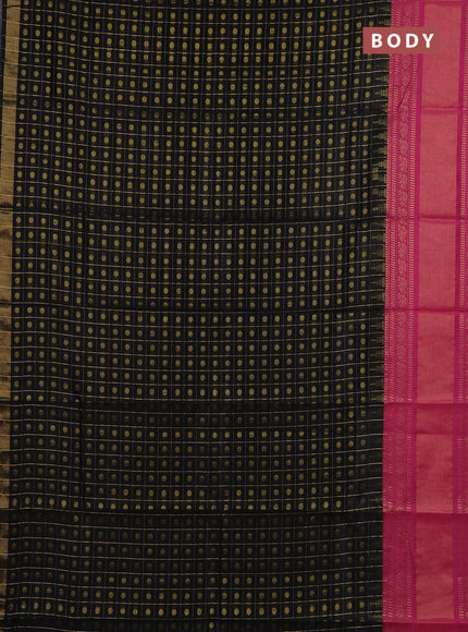 Semi dupion saree black and pink with allover zari checks & buttas and long rettapet zari woven border
