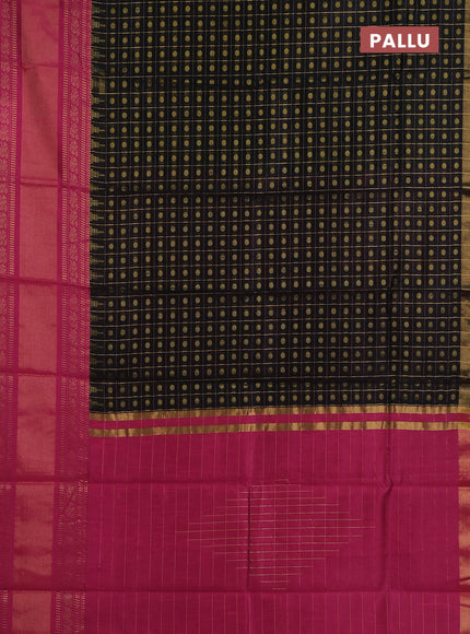 Semi dupion saree black and pink with allover zari checks & buttas and long rettapet zari woven border