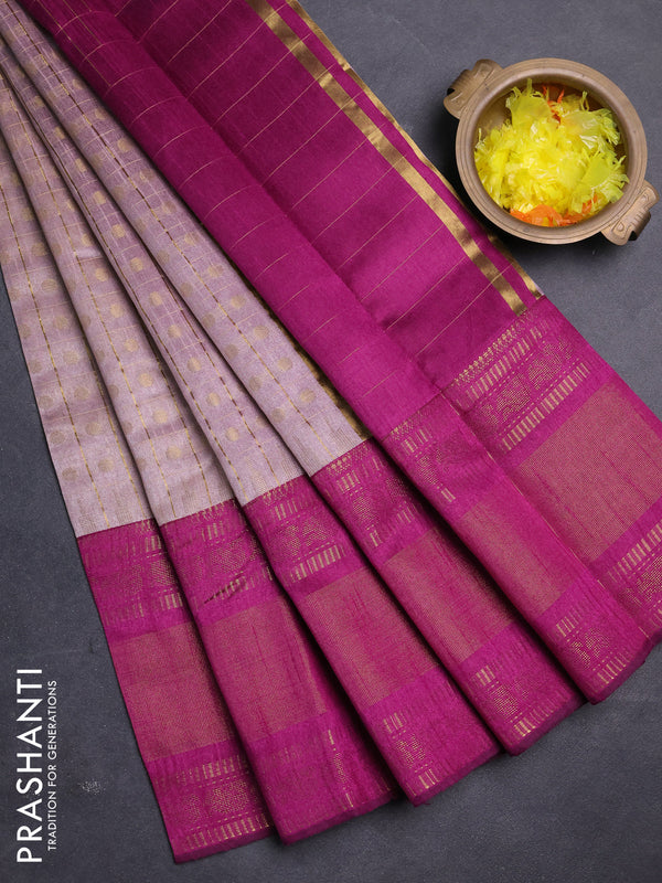 Semi dupion saree pastel pink and magenta pink with allover zari checks & buttas and long rettapet zari woven border