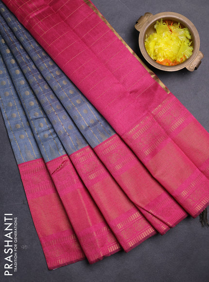 Semi dupion saree grey and pink with allover zari checks & buttas and long rettapet zari woven border