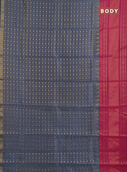 Semi dupion saree grey and pink with allover zari checks & buttas and long rettapet zari woven border