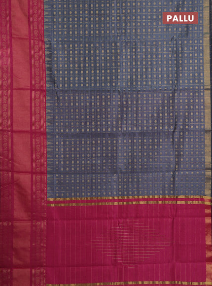 Semi dupion saree grey and pink with allover zari checks & buttas and long rettapet zari woven border