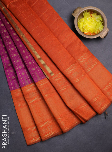 Semi dupion saree magenta pink and orange with allover zari checks & buttas and long rettapet zari woven border